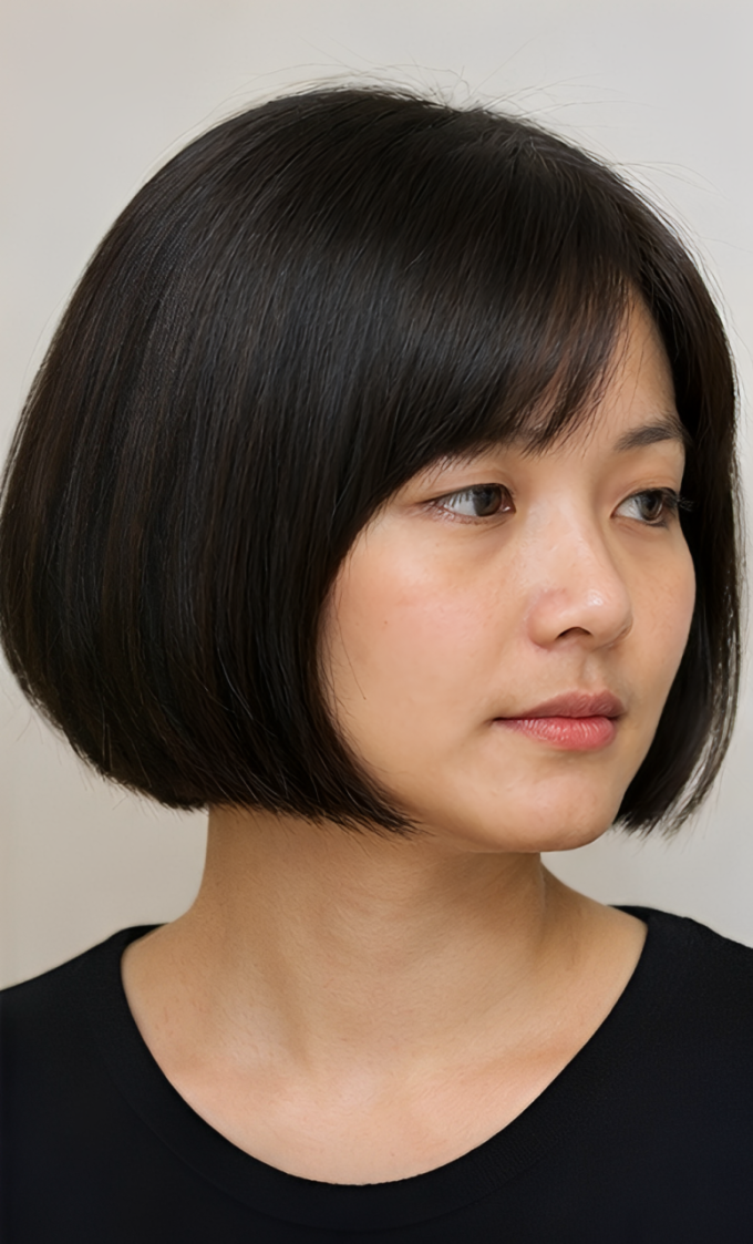 Đường cắt thẳng ngang cằm là dấu hiệu rõ nhất. Tóc gần như không có tầng lớp, không có độ bay. Khi quay nghiêng sẽ thấy phần đuôi tóc chạm đúng vị trí xương hàm, làm lộ nọng cằm và rãnh cười.