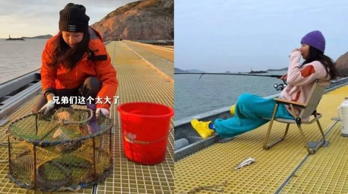 Yue Li tận hưởng cuộc sống câu cá, ngắm hoàng hôn trên đảo. Ảnh: Douyin