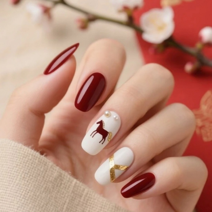 Màu đỏ thường rất hợp với nhũ bạc, nhũ vàng, tạo vẻ sang chảnh, tượng trưng cho may mắn trong dịp năm mới. Chị em cũng có thể trang trí thêm hình ngựa - linh vật của năm Bính Ngọ 2026.