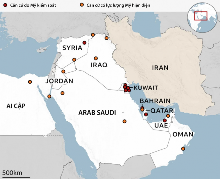 Các căn cứ quân sự có lực lượng Mỹ tại Trung Đông. Đồ họa: BBC