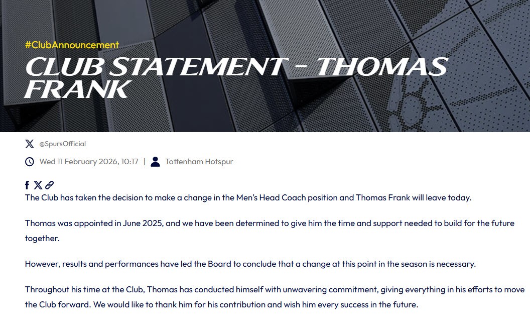 Trang chủ Tottenham ra thông báo sa thải HLV Thomas Frank
