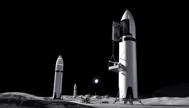 Hình ảnh mô phỏng tàu Starship của SpaceX với một căn cứ trên Mặt trăng ở phía xa