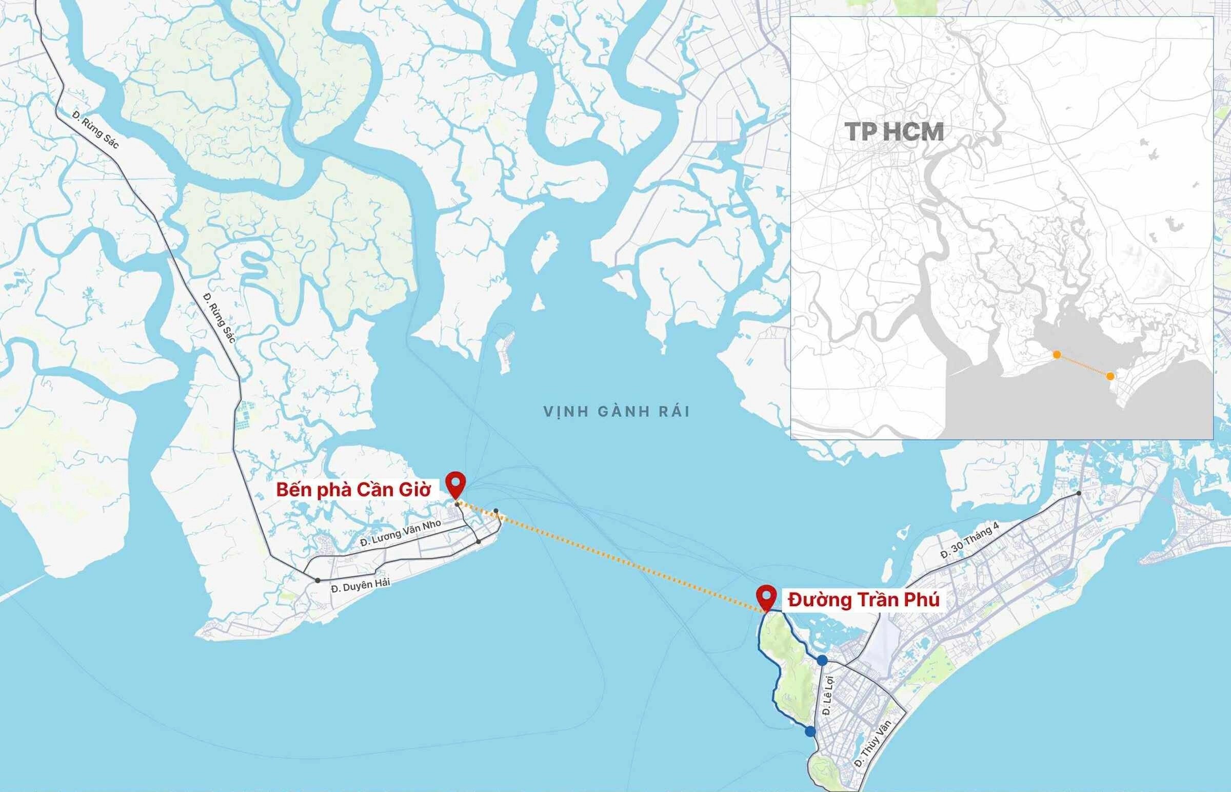 Tuyến đường trên biển từ Bến phà Cần Giờ (xã Cần Giờ) đến đường Trần Phú (phường Vũng Tàu) được thực hiện giao hàng bằng UAV. Đồ hoạ: Tâm Thảo