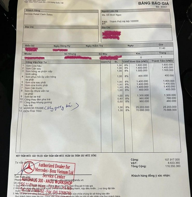 Báo giá sửa chữa chiếc Mercedes-Ben GLC 200 của đại lý chính hãng. Ảnh: NVCC