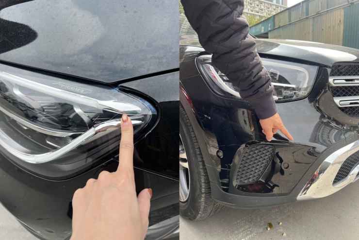 Các vết xước và hư hỏng của chiếc xe Mercedes-Ben GLC 200 bị cào xước khi đỗ trước cửa một Trung tâm tiếng Anh ở Phường Đại Mỗ, Hà Nội. Ảnh: NVCC