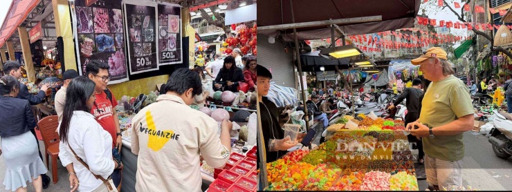 Du khách nước ngoài mua quà tại chợ hoa Hàng Lược.