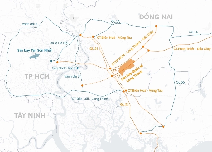 Những tuyến đường giúp kết nối khu vực TP HCM với sân bay Long Thành. Đồ họa: Khánh Hoàng