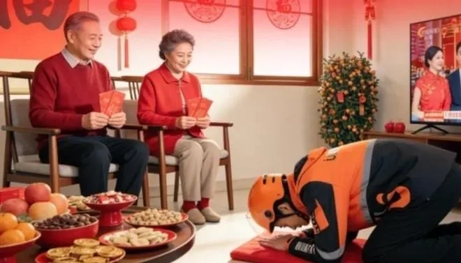 Nền tảng chạy việc vặt UU Paotui ở Trịnh Châu, Hà Nam ra mắt dịch vụ "dập đầu cha mẹ" chúc Tết. Ảnh: World Journal