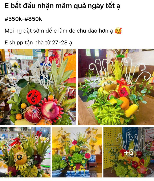 Các mẫu mâm ngũ quả thiết kế sẵn, trang trí bắt mắt, giao tận nhà cho khách. Ảnh chụp màn hình.