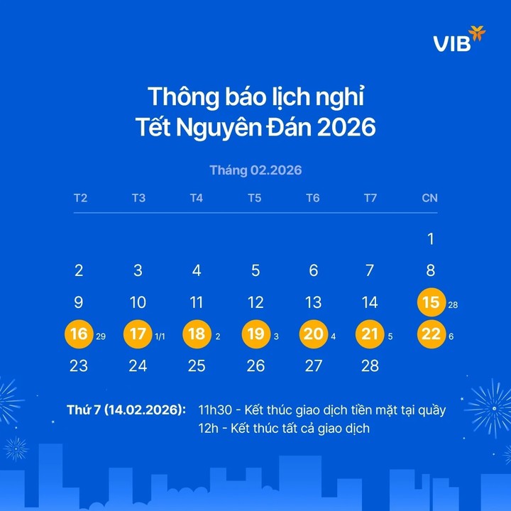 Thông báo nghỉ Tết Nguyên đán 2026 của VIB. (Ảnh: Thư viện pháp luật)