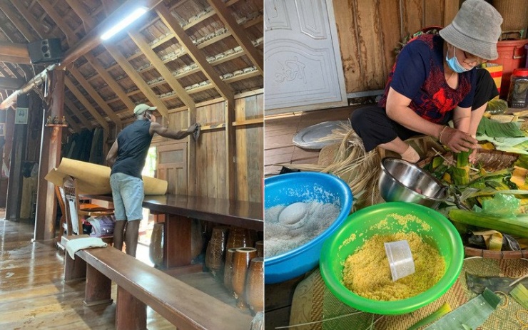 Mozie phụ mẹ vợ dọn dẹp nhà cửa và gói bánh tét&nbsp;