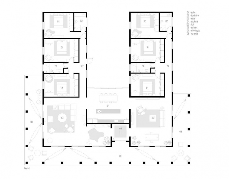 Bản vẽ mặt bằng bố trí nội thất tổng thể của ngôi nhà. Nguồn: Archdaily