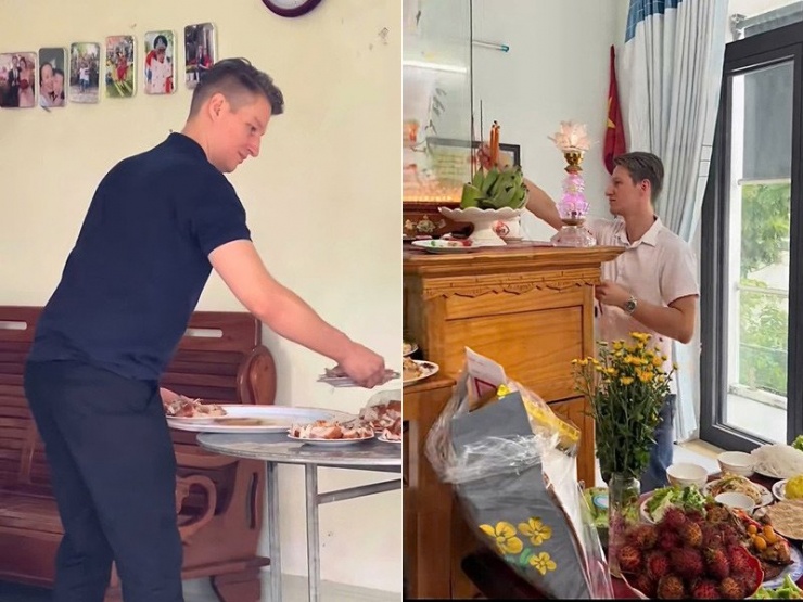 Chàng rể người Đức giúp bố mẹ vợ chuẩn bị mâm cúng Tết&nbsp;