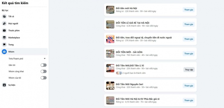 Người dùng chỉ cần gõ từ khóa "đổi tiền mới" là sẽ hiện ra hàng loạt hội nhóm trao đổi tiền mới, tiền lẻ, tiền lì xì... với hàng trăm bài đăng mỗi ngày. (Ảnh: Chụp màn hình)