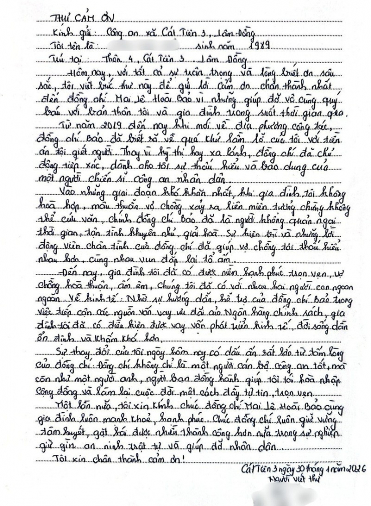 Thư anh H. gửi đến Công an xã Cát Tiên 3.