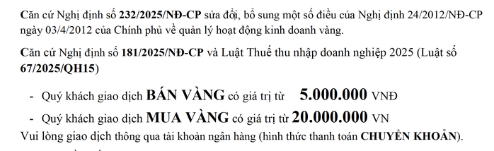 Thông báo của một công ty vàng tới khách hàng