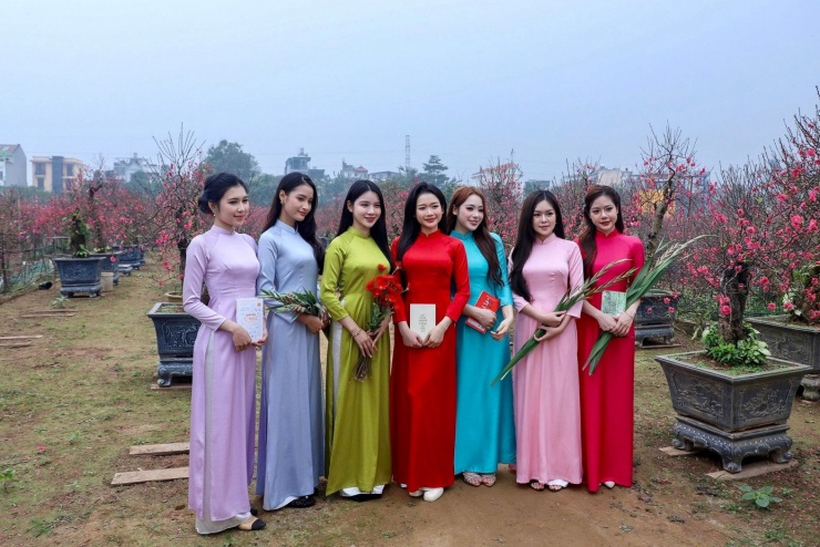 Thiếu nữ xúng xính áo dài, check-in vườn đào Nhật Tân - 2