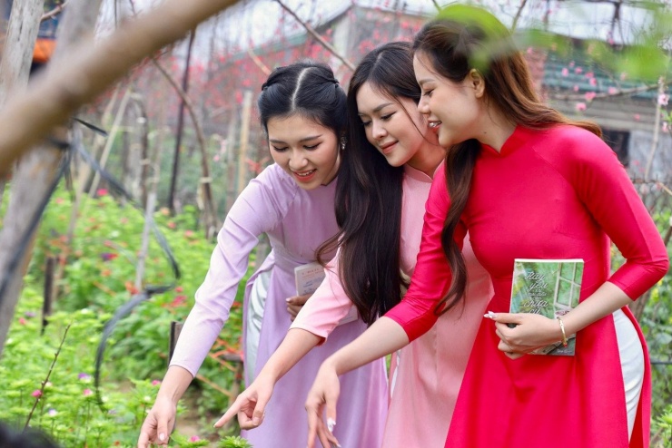 Thiếu nữ xúng xính áo dài, check-in vườn đào Nhật Tân - 5