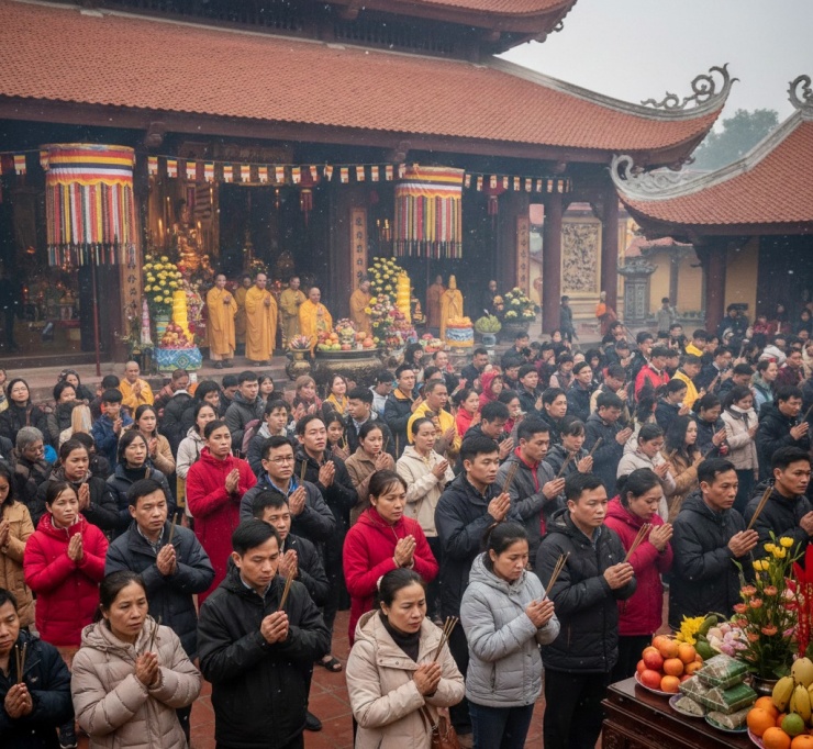 Đi lễ chùa đầu năm mới mang ý nghĩa cầu mong một năm mới bình an, may mắn, hạnh phúc và tài lộc cho gia đình. Ảnh minh hoạ