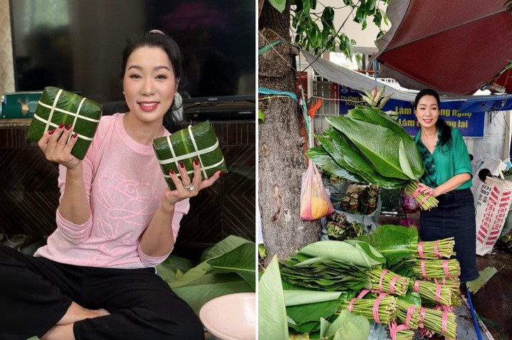 NSND Trịnh Kim Chi mang đến hình ảnh Tết truyền thống khi tự đi chọn mua lá dong - nguyên liệu làm bánh chưng. Cô gói bánh bằng dây lạt theo cách truyền thống.