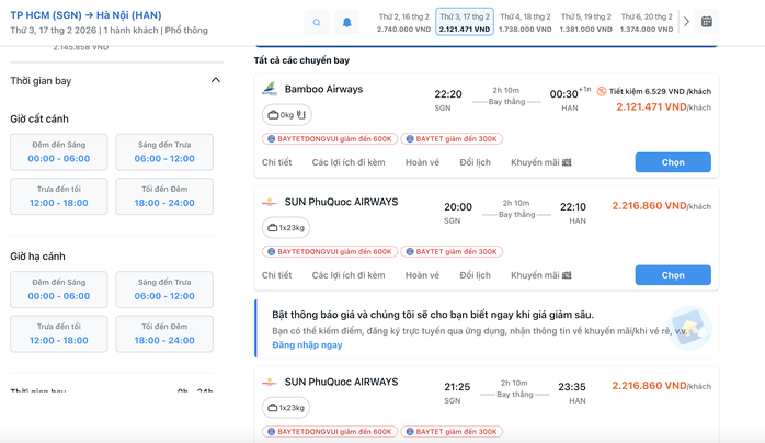 Giá vé ngày mùng 1 Tết thấp nhất từ 2,12 triệu đồng. Ảnh chụp màn hình tối 16-1