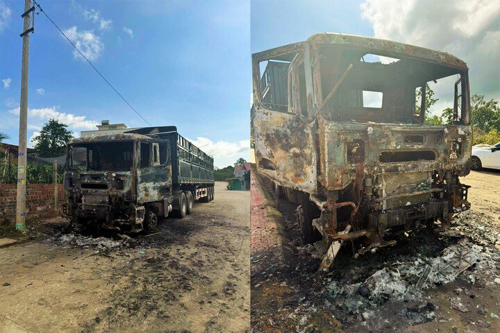 Hiện trường vụ cháy, phần cabin xe đầu kéo bị thiêu rụi hoàn toàn, ước tính khoảng 500 triệu đồng. (Ảnh lực lượng chức năng cung cấp)