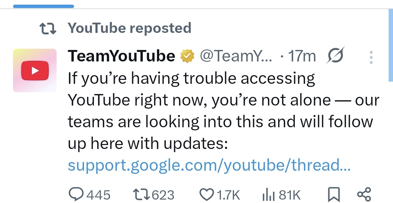 &nbsp;Thông báo của TeamYouTube trên X.