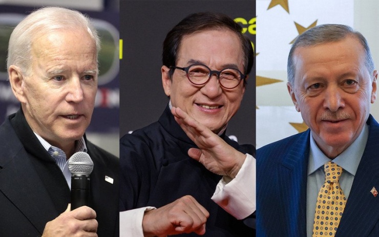 (Từ trái qua phải) Cựu Tổng thống Mỹ Joe Biden, nam tài tử Jackie Chan và Tổng thống Thổ Nhĩ Kỳ Recep Tayyip Erdogan. Ảnh: EPA-EFE, Wikimedia
