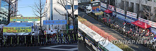 Hai luồng dư luận trái chiều bao vây tòa án Seoul ngày 19-2. Trong khi các nhóm dân sự (trái) đòi công lý và sự trừng phạt cho tội nổi loạn, những người ủng hộ cựu Tổng thống Yoon Suk-yeol (phải) lại nỗ lực kêu gọi trả tự do cho ông. Ảnh: Yonhap