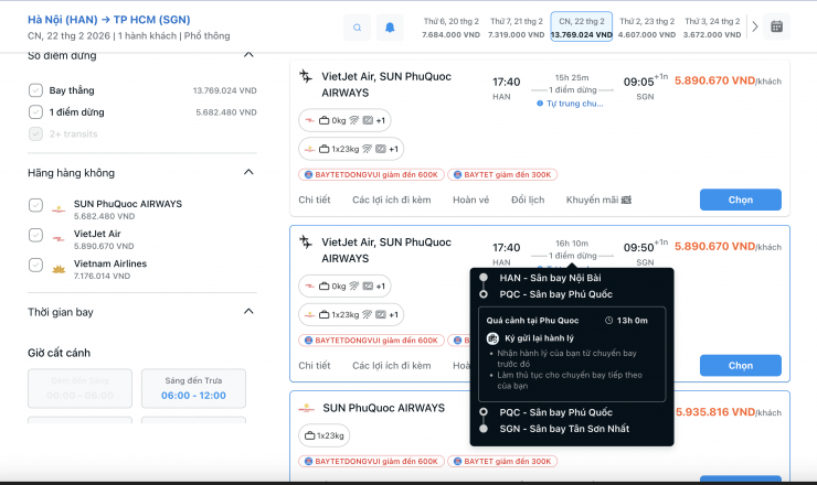 Chặng từ Hà Nội vào TPHCM mùng 6 Tết cũng chỉ còn chặng bay nối chuyến