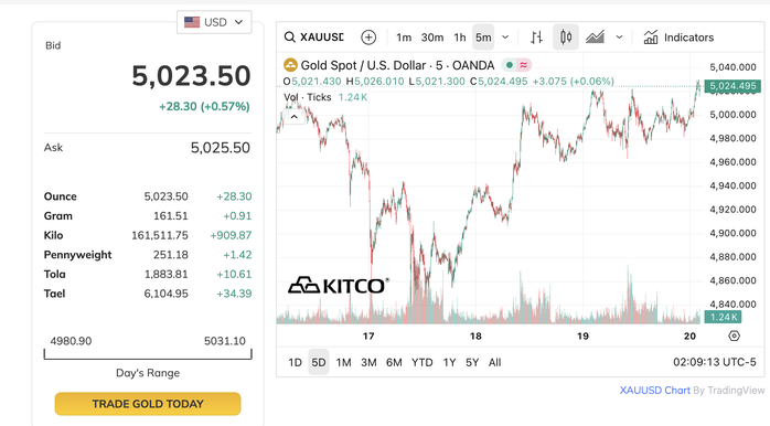 Giá vàng thế giới tăng mạnh trong ngày 20-2