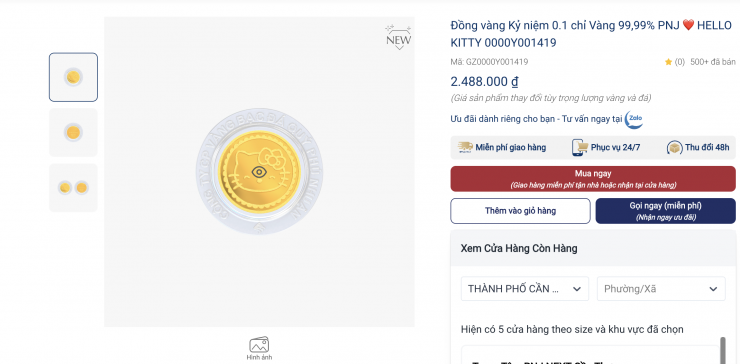 Đồng vàng 0,1 chỉ Hello Kitty được PNJ bán với giá 2,488 triệu đồng
