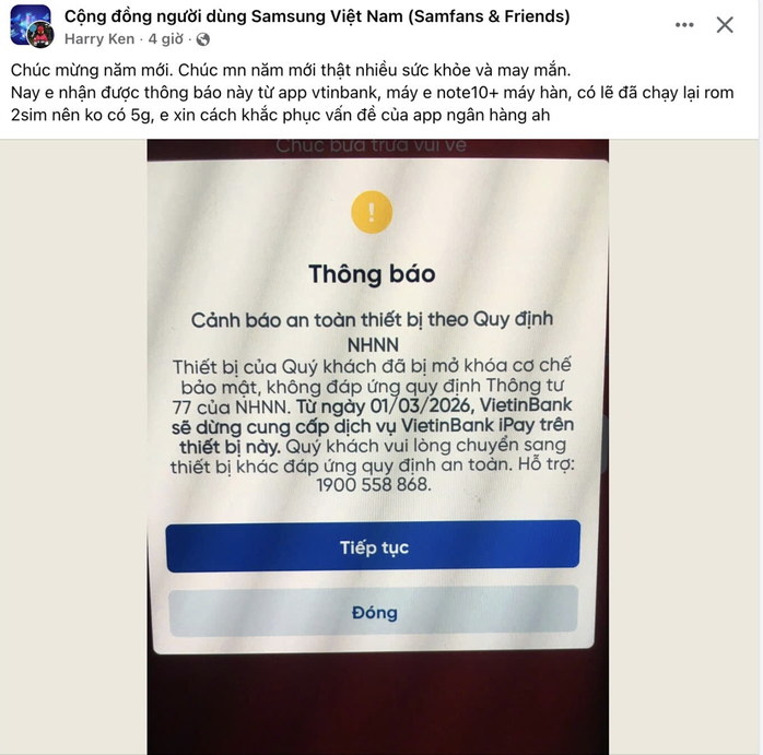 Một người dân nhận được cảnh báo ngừng cung cấp dịch vụ từ ứng dụng ngân hàng