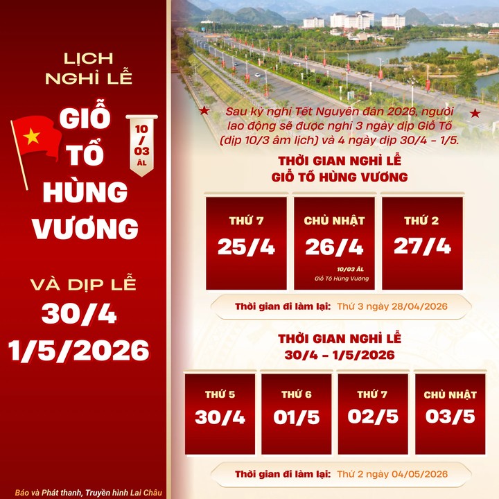Chi tiết lịch nghỉ Giỗ Tổ Hùng Vương và 30/4 - 1/5 năm 2026 (Nguồn: Báo và Phát thanh, Truyền hình Lai Châu)