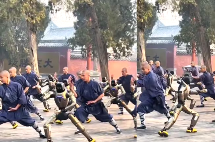 Robot hình người đồng loạt luyện quyền cùng các nhà sư. Ảnh cắt từ video nguồn CGTN