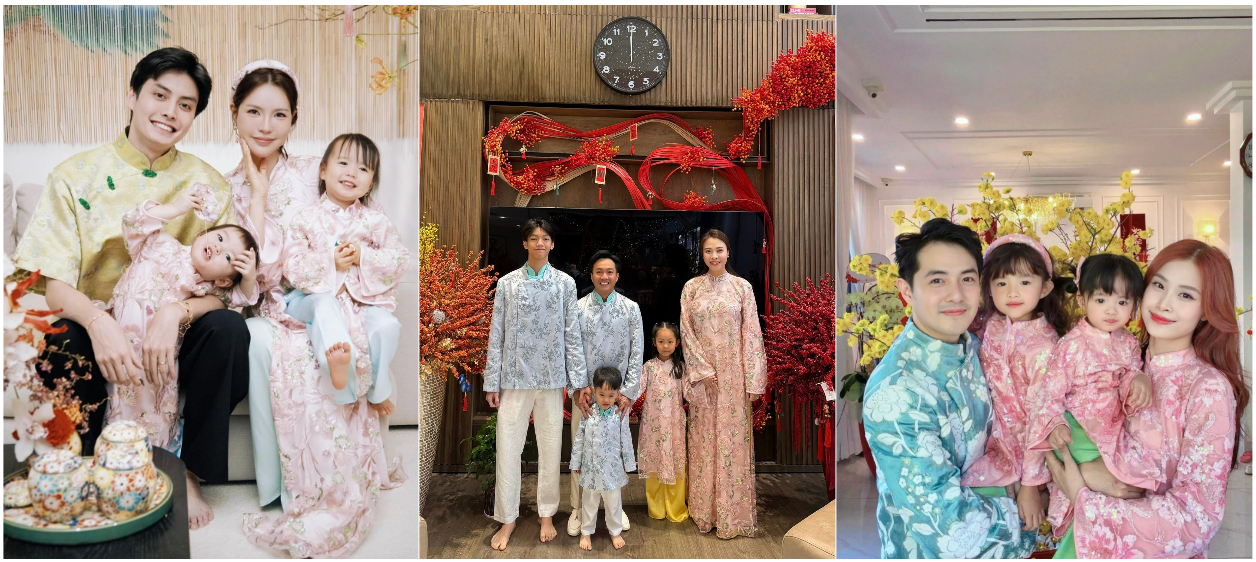 Xu hướng áo dài kim sa lan rộng đến các bộ ảnh Tết của các gia đình V-Biz. Vợ chồng Đông Nhi - Ông Cao Thắng, gia đình Đàm Thu Trang - Cường Đô La hay TikToker Lucie Nguyễn - Tuấn Dương đều lựa chọn thiết kế hot trend này đi du Xuân.