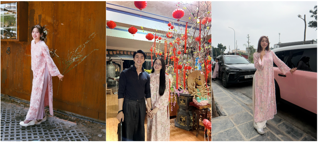 Hoa hậu Lương Thùy Linh, Á hậu Phương Nga, "Em Xinh" Muộii, Emily "mỗi người một vẻ" trong thiết kế áo dài kim sa tông hồng nhạt.