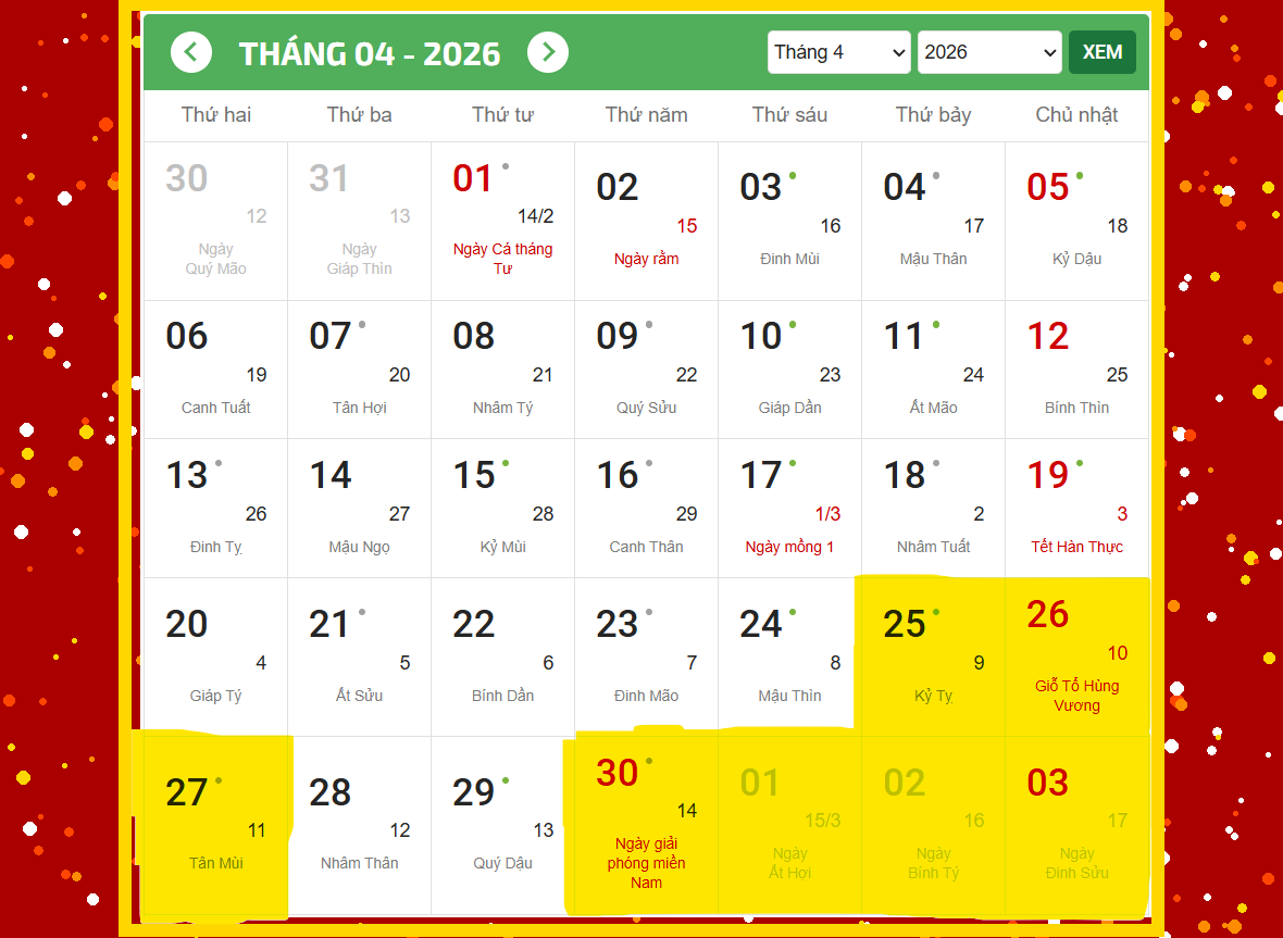 Các ngày nghỉ giỗ tổ Hùng Vương và 30/4 - 1/5 chỉ cách nhau 2 ngày làm việc xen giữa.