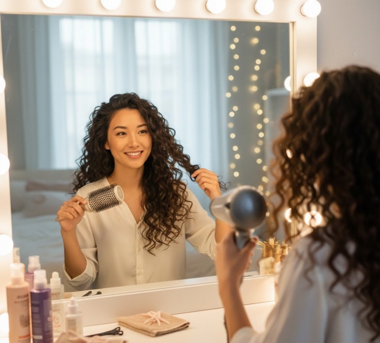 Sấy tóc sau khi gội đầu và thấm khô tóc 50%.