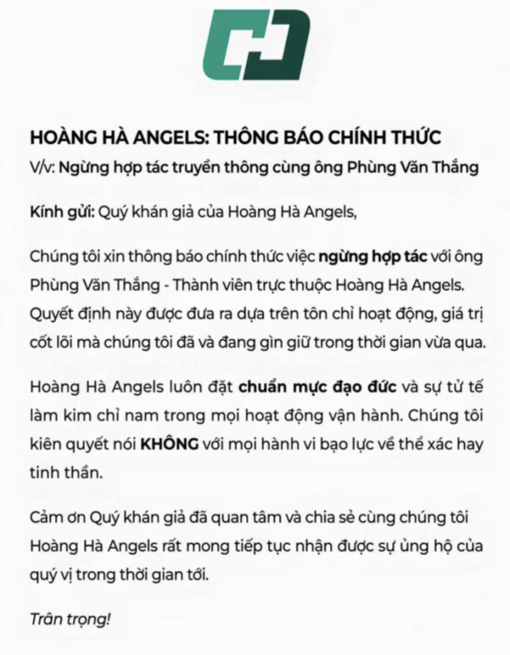 Hoàng Hà Angels thông báo ngừng hợp tác truyền thông với ông Phùng Văn Thắng.