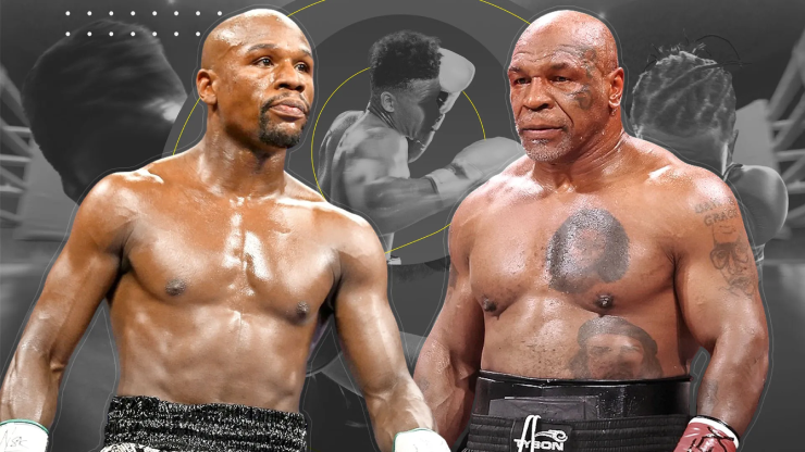 "Tay đấm thép" Tyson (bên phải), 60 tuổi vẫn quyết thượng đài Mayweather (bên trái, 49 tuổi)