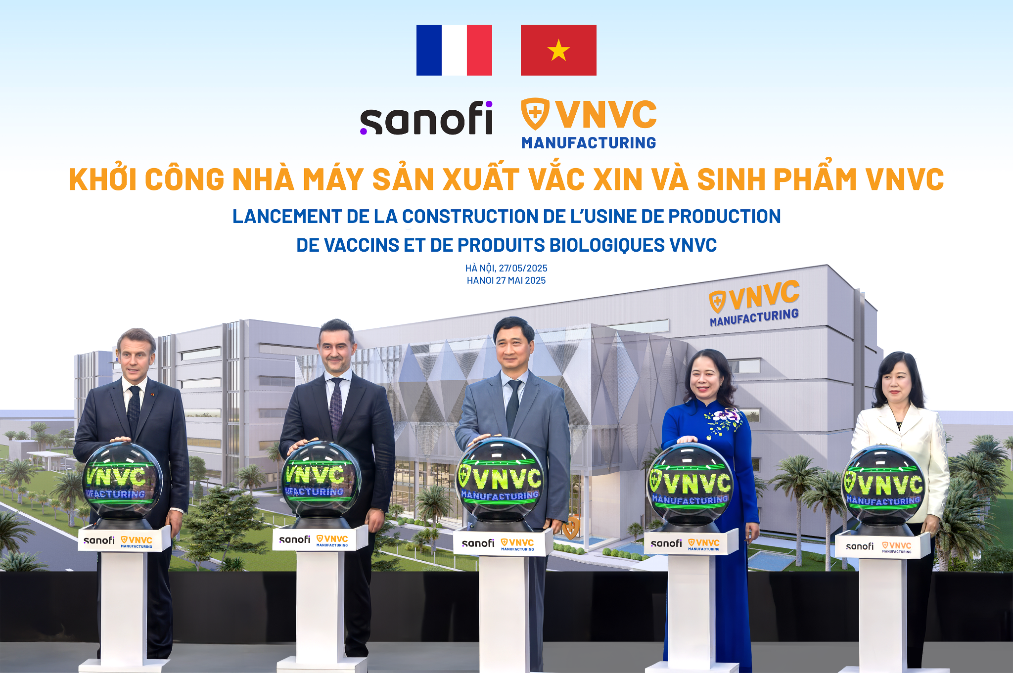 Trước đó, vào tháng 5/2025, Tổng thống Pháp Emmanuel Macron cùng Phó Chủ tịch nước Võ Thị Ánh Xuân, Bộ trưởng Bộ Y tế Đào Hồng Lan đã bấm nút khởi công Nhà máy Vắc xin và Sinh phẩm VNVC tại Việt Nam, dự án có tổng vốn đầu tư ban đầu hơn 2.500 tỷ đồng. Ảnh: Hải Nam