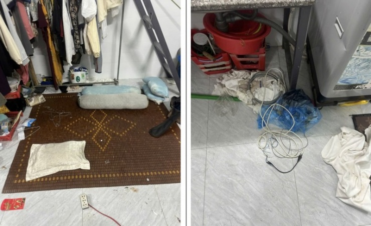 Hiện trường vụ việc và số dây điện vật chứng trong căn phòng trọ.