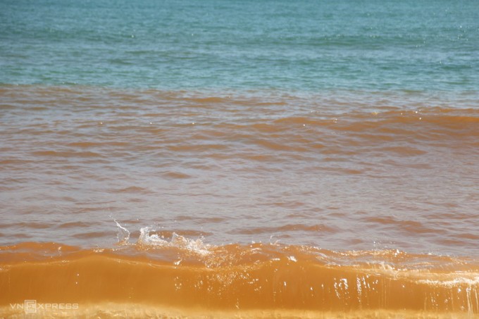 Màu nước màu nâu đỏ được cho là thủy triều đỏ hay còn gọi là nở hoa của tảo xuất hiện tại biển Thiện Chánh. Ảnh: Trần Hóa