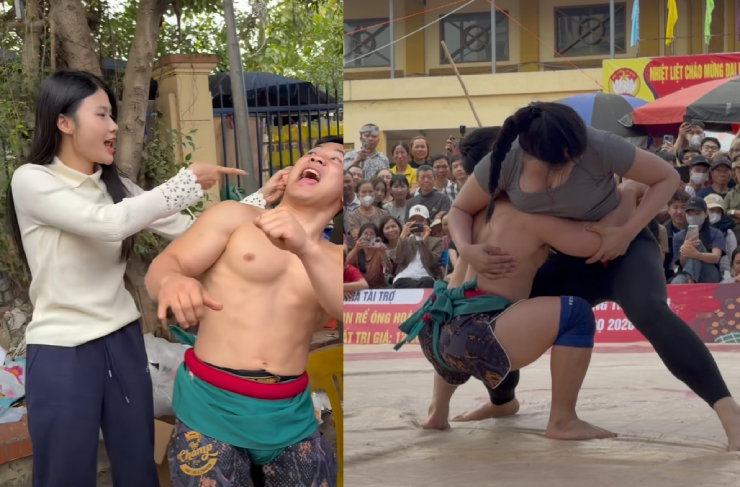 Hồng Sơn bị vợ véo tai khi đấu vật với Anh Thơ. Ảnh Đào Hồng Sơn