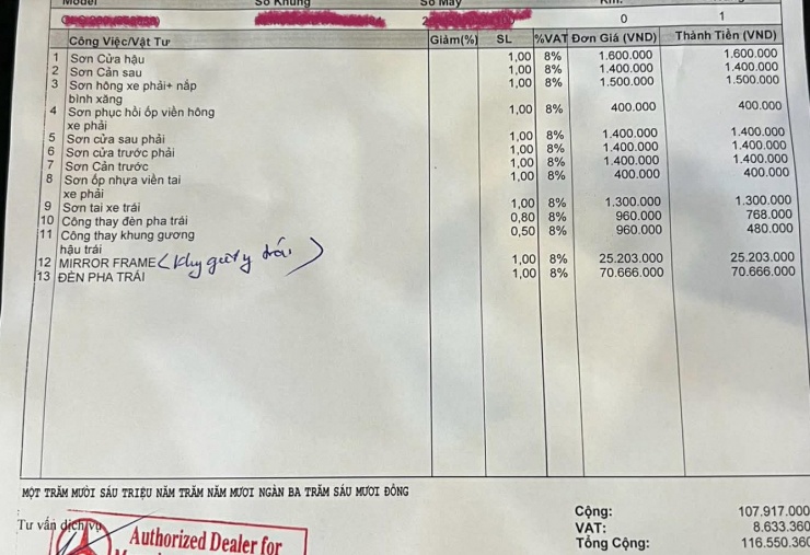 Mức chi phí sửa chữa chiếc Mercedes-Benz GLC 200 theo báo giá của đại lý Mercedes-Benz An Du là 116,55 triệu đồng. Ảnh: NVCC