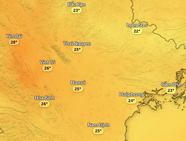 Nhiệt độ cảm nhận ở một số khu vực tại miền Bắc chiều nay, 26/2. Ảnh: Zoom Earth, OpenStreetMap, ICON.