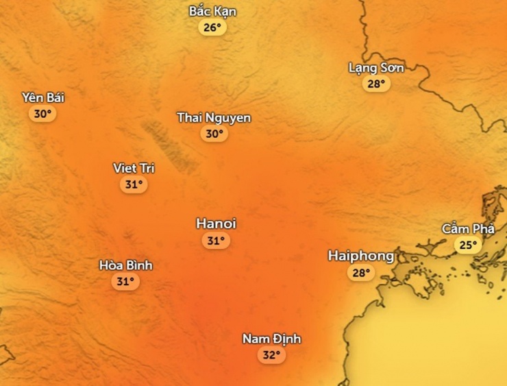 Dự báo nhiệt độ cảm nhận ở một số khu vực tại miền Bắc chiều mai, 27/2: Có thể thấy nhiệt độ Hà Nội tăng đáng kể. Ảnh: Zoom Earth, OpenStreetMap, ICON.