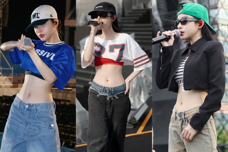 Tham gia tổng duyệt concert, LyLy diện bra-top kết hợp váy hoặc quần denim dáng rộng.