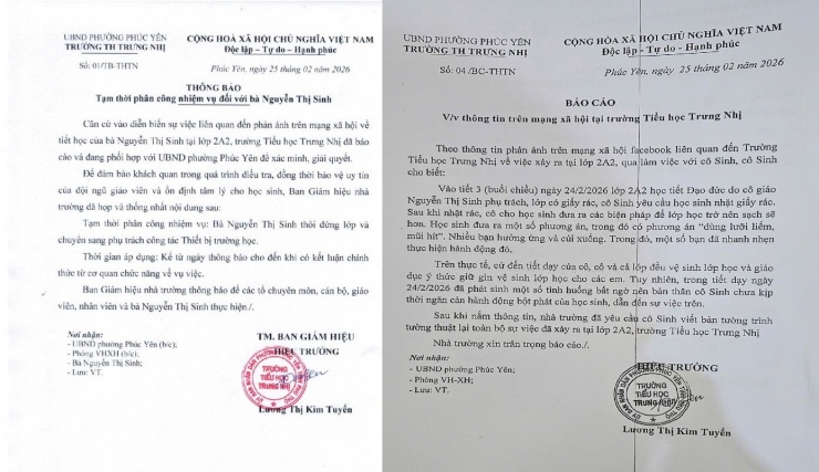 Các văn bản thông báo của trường tiểu học Trưng Nhị, phường Phúc Yên.